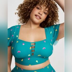 NWT TOP ONLY Torrid Wire Free Flutter- Sleeve Swim Top Teal With Fruits Size 2
